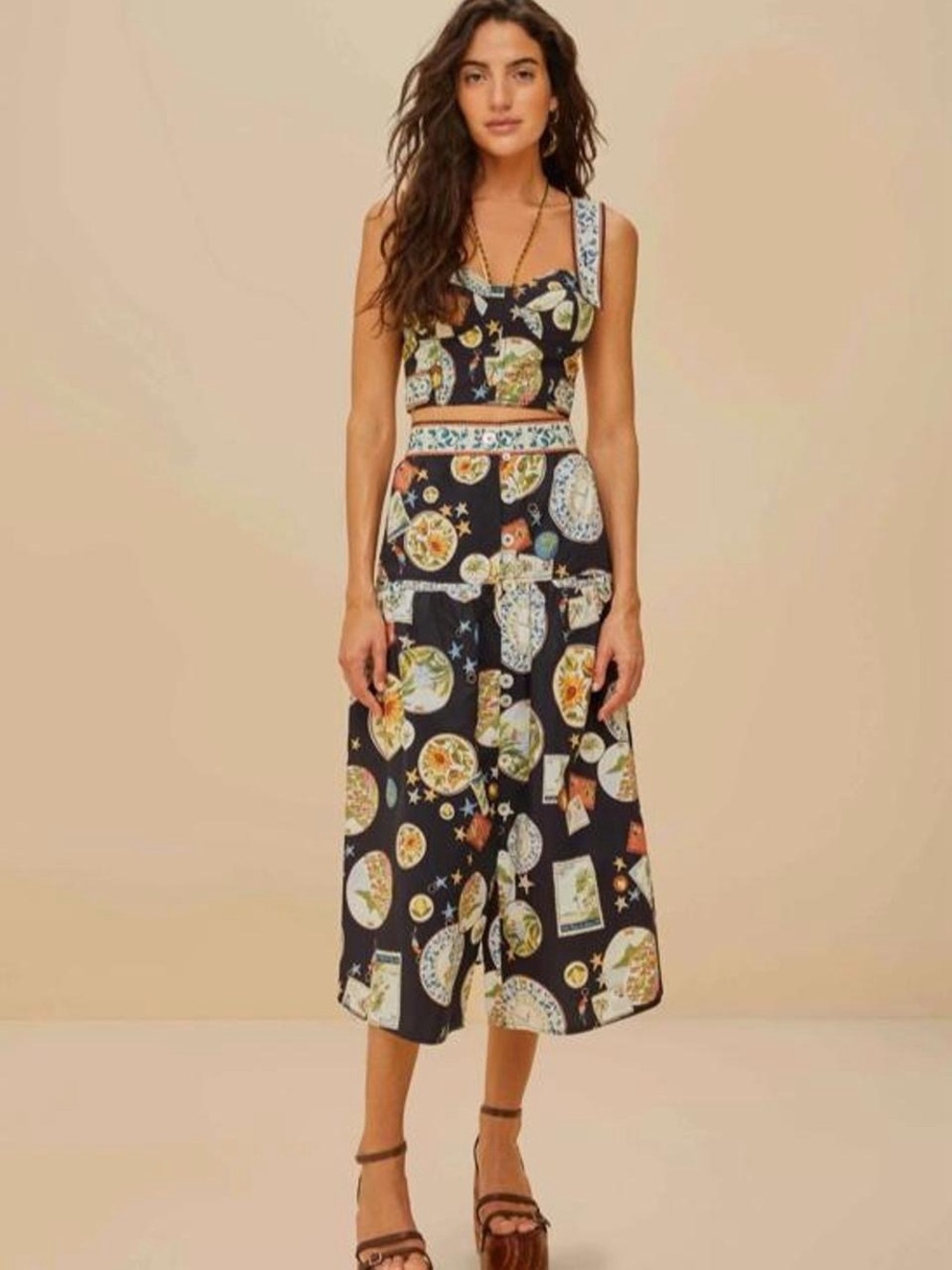 NWT FARM RIO Trip Souvenir Black Mixed Buttons Midi Skirt